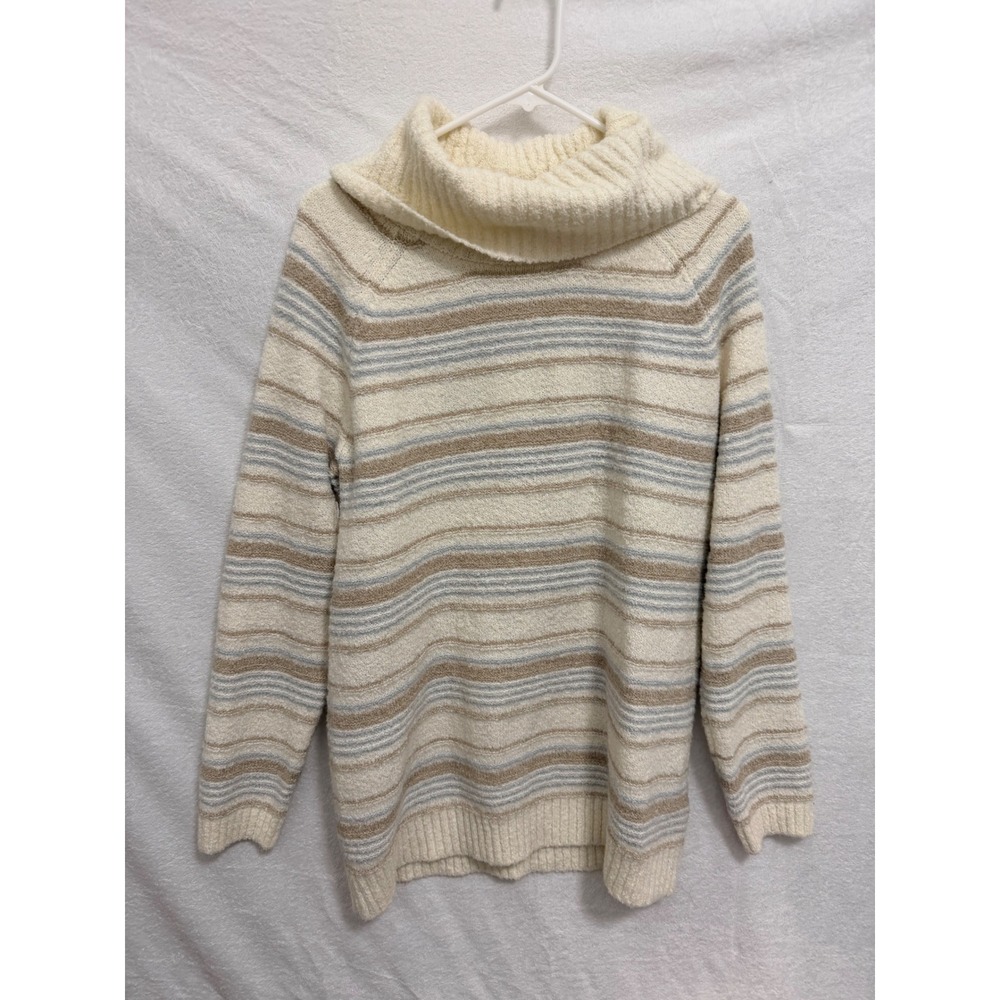 LL Bean Mens XL Cowl Neck Striped Wool Blend Sweater Cream Tan Blue 500989